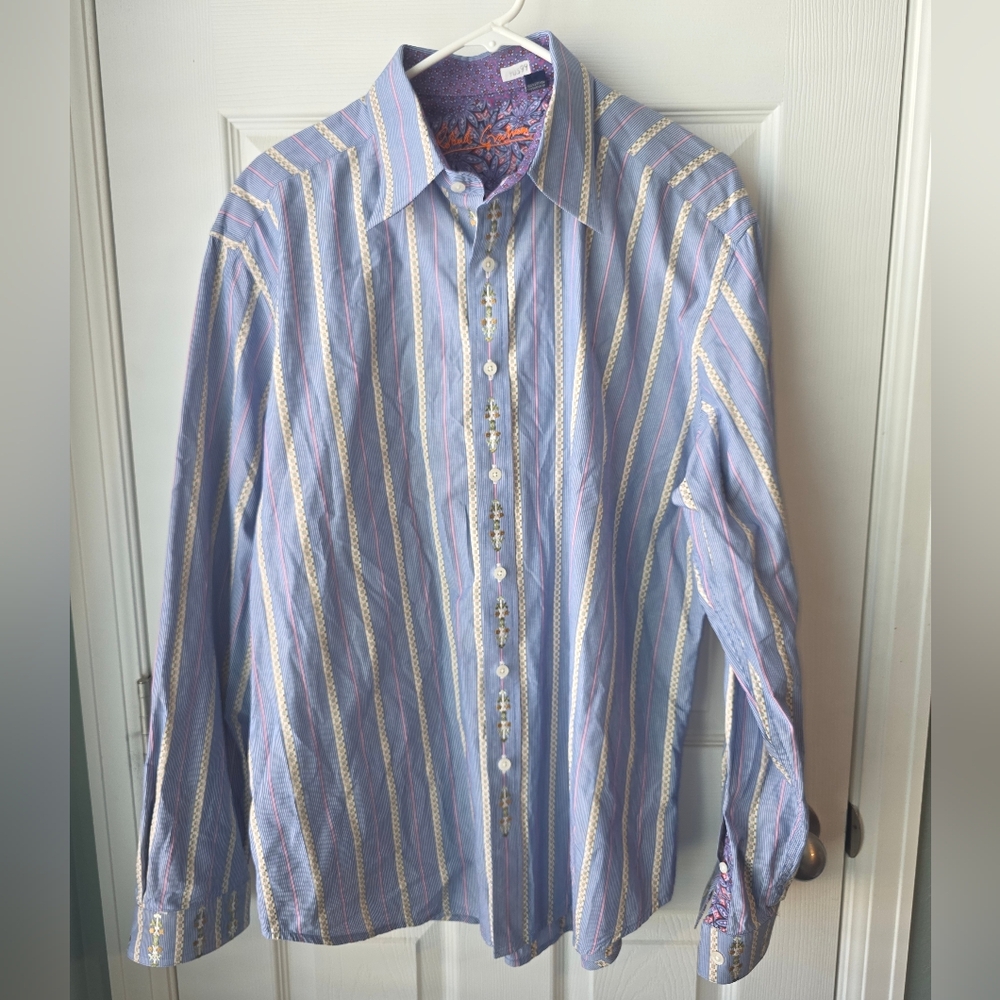 Mens Robert Graham Shirt Long Sleeve Flip Cuff Striped & Floral Print Size XL